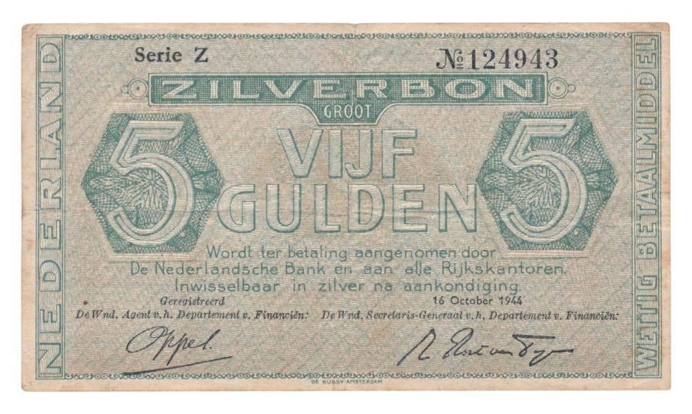 Nederland 5 Gulden 1944 Zilverbon Serie Z, Postzegels en Munten, Bankbiljetten | Nederland, Ophalen of Verzenden, 5 gulden, Los biljet