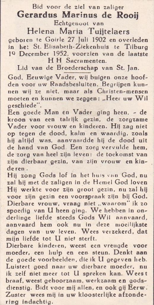 Rooij Gerardus 1902 Goirle 1952 Tilburg, Verzamelen, Ophalen of Verzenden, Bidprentje