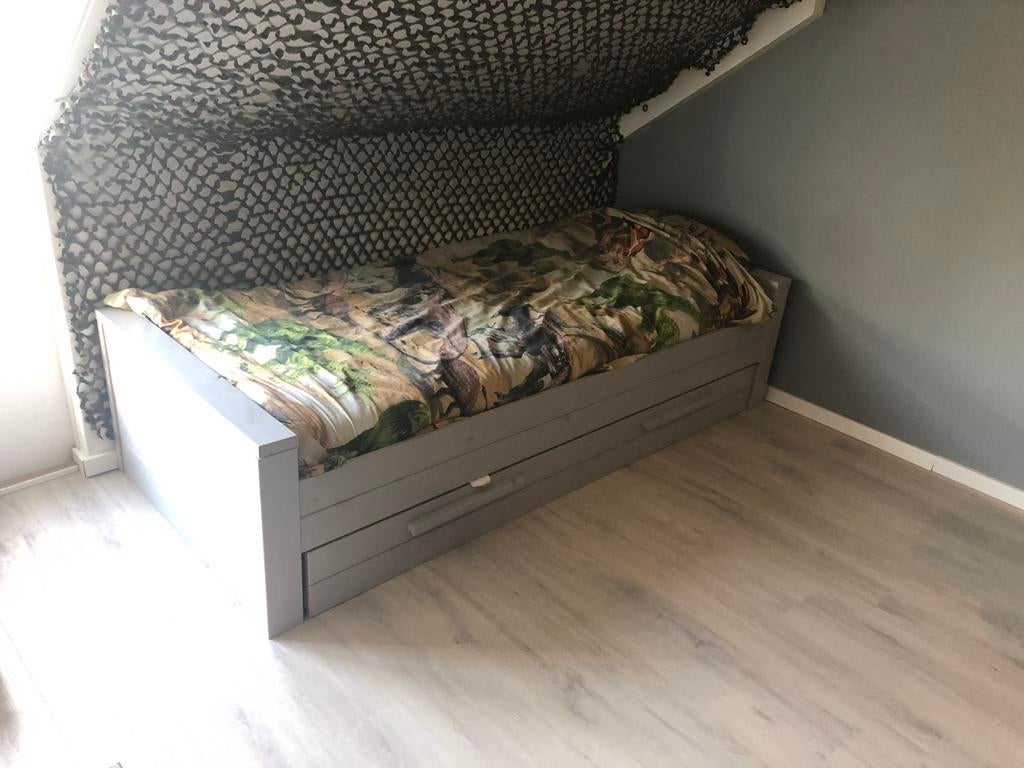 Eenpersoonsbed met uitschuifbare lade - grey wash, Ophalen, Gebruikt, 90 cm, Eenpersoons