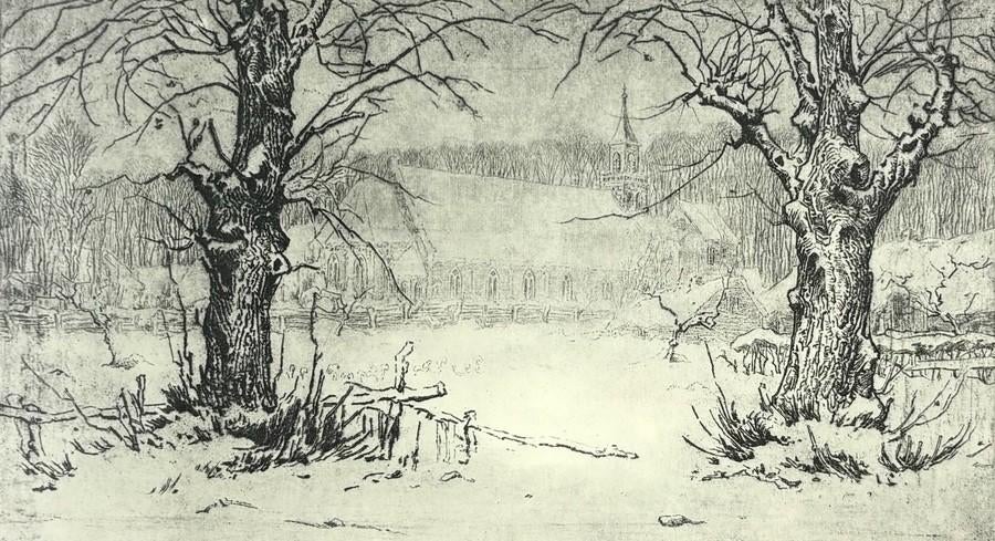 1228. Ets, Toon de Jong – "Oude R.K kerk vanaf de Kerklaan"