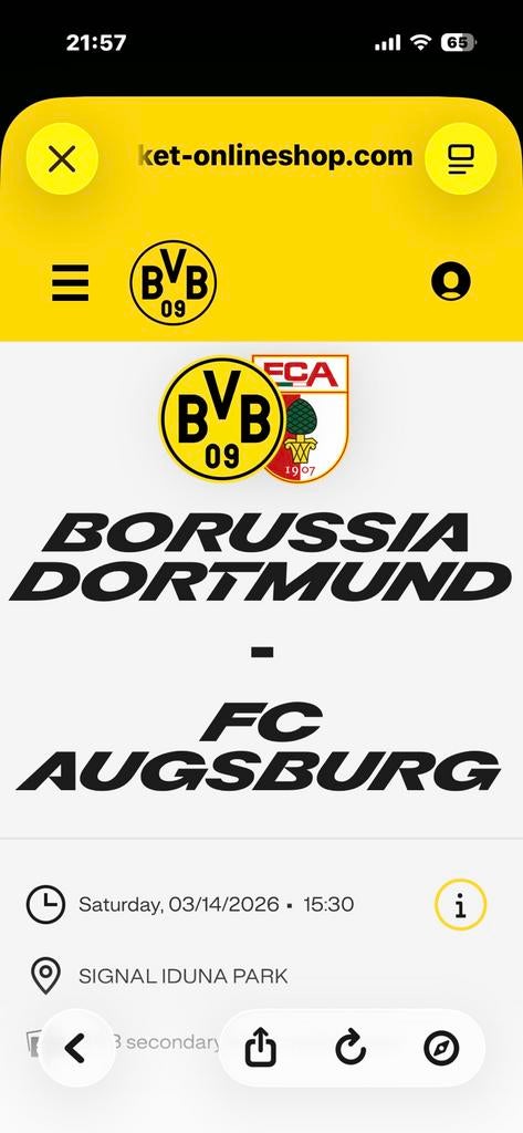 2 kaartjes BVB-Augsburg za 14/03 REWE familievak, Tickets en Kaartjes, Losse kaart, Twee personen, Maart, Buitenland