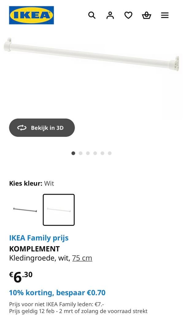 2x IKEA PAX KOMPLEMENT Kledingroede, wit, 75 cm, Ophalen, 50 tot 100 cm, Zo goed als nieuw, Minder dan 100 cm