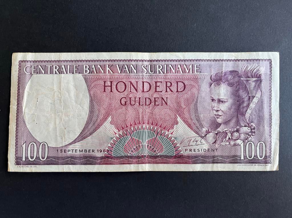 Suriname 100 Gulden Bankbiljet - 1963, Postzegels en Munten, Bankbiljetten | Amerika, Ophalen of Verzenden, Zuid-Amerika