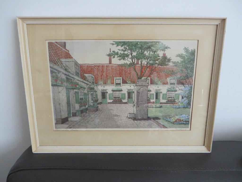 Oude kleur ets, hofje stad Haarlem, gesigneerd Van Hemert, Ophalen of Verzenden