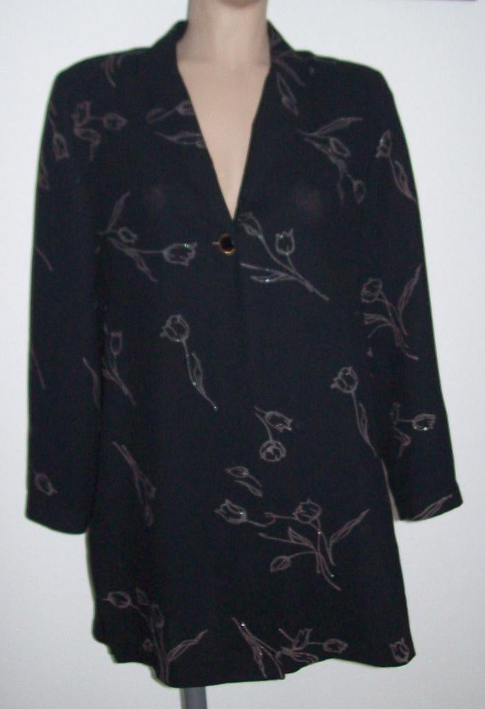 maat M, (40) 1 zwarte blouse / jasje met tulpen, 85 cm., Maat 38/40 (M), Zwart, Quinto, Ophalen of Verzenden