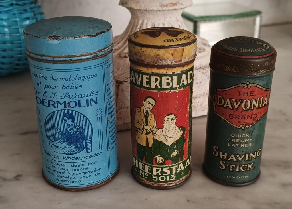 Antieke blikjes set 2 stuks DERMOLIN, DAVONIA, Ophalen of Verzenden, Gebruikt, Overige, Overige merken