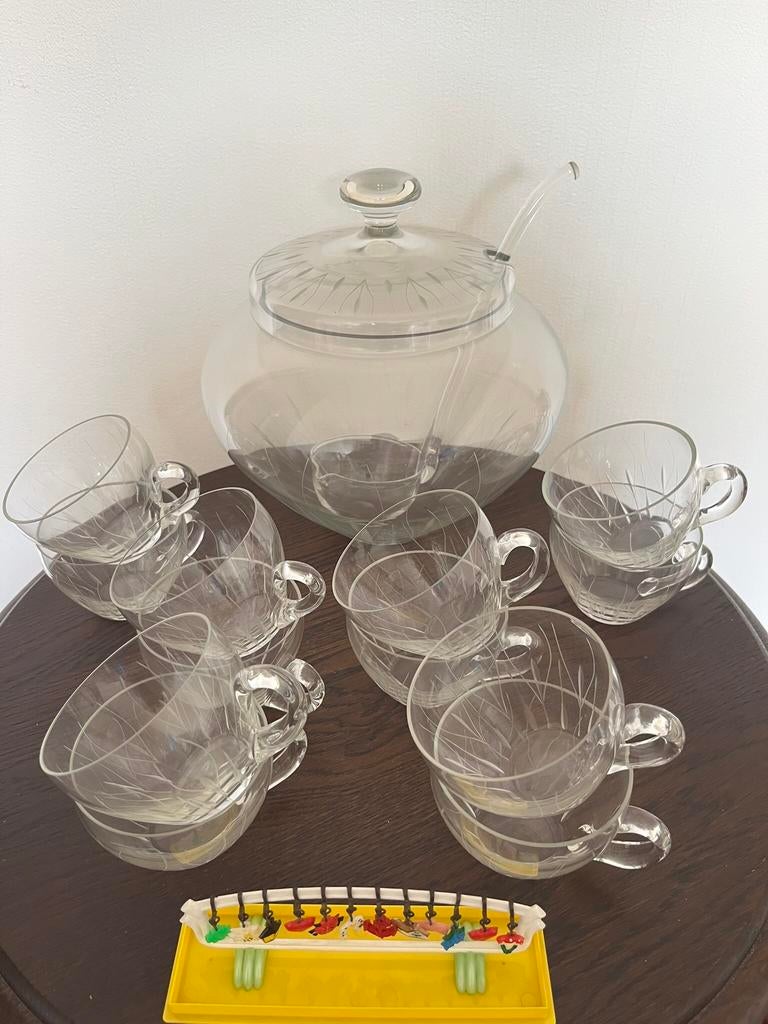 Vintage glazen punchset / bowlset – (helaas) nog 6 glazen, Antiek en Kunst, Ophalen