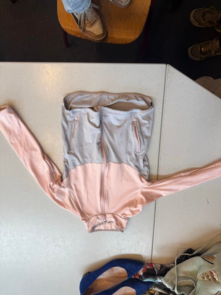 Roze en grijze jas met rits, Kleding | Dames, Ophalen, Gedragen, Maat 38/40 (M), Roze