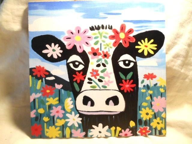 Leuk naïef schilderijtje van een KOE, Minder dan 50 cm, Ophalen of Verzenden, Zo goed als nieuw, Schilderij