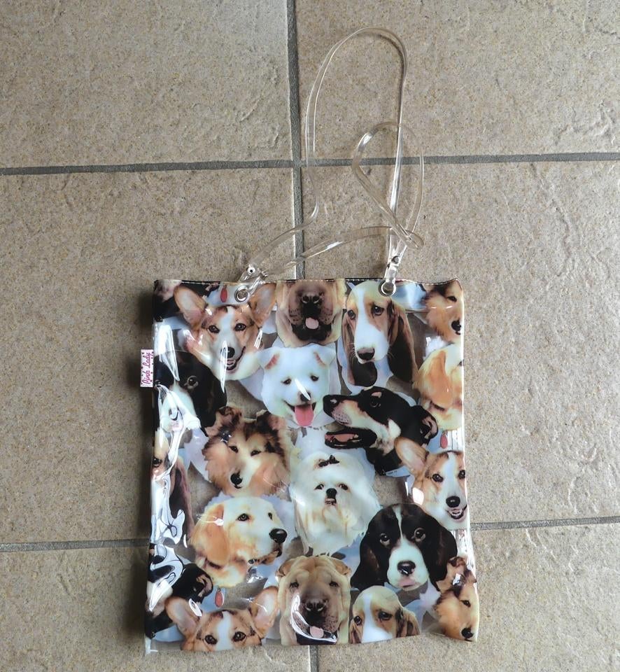 Hondenprint tas plastic schoudertasje damestas hondjes, Ophalen of Verzenden, Zo goed als nieuw, Beige, Schoudertasje