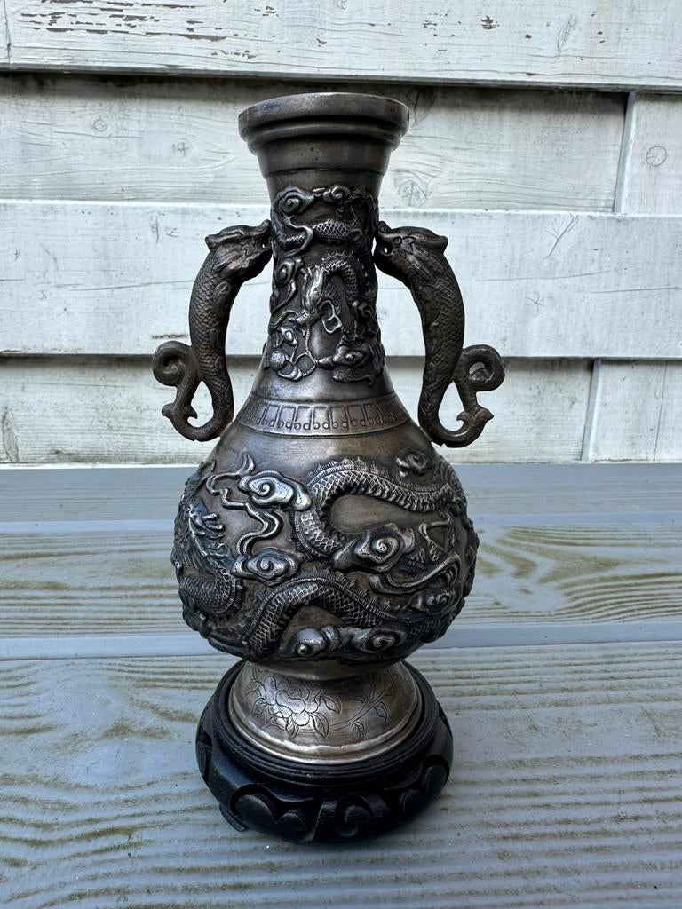 Antieke Chinese Brons met zilveren vaas drakendecor, Ophalen of Verzenden