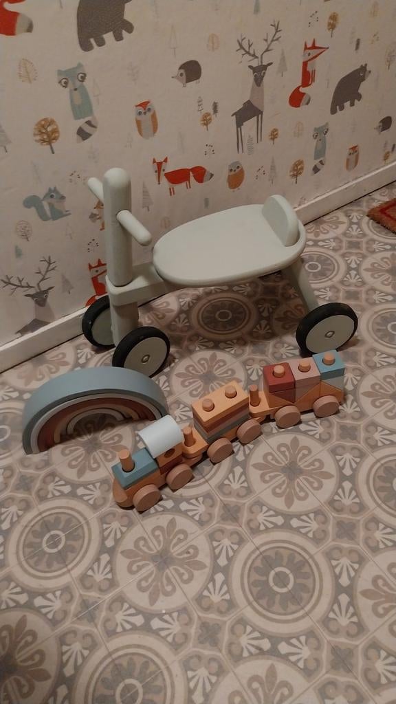 Houten speelset: loopfiets, trein en kiepwagen met blokken, Ophalen, Gebruikt, Rij- of Hobbelspeelgoed