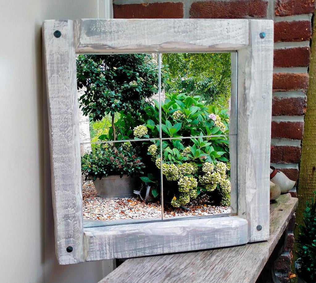 Brocante Houten Tuin Spiegel / Tuinspiegel - Als Nieuw, Tuin en Terras, Tuinwanddecoratie, Ophalen of Verzenden, Zo goed als nieuw