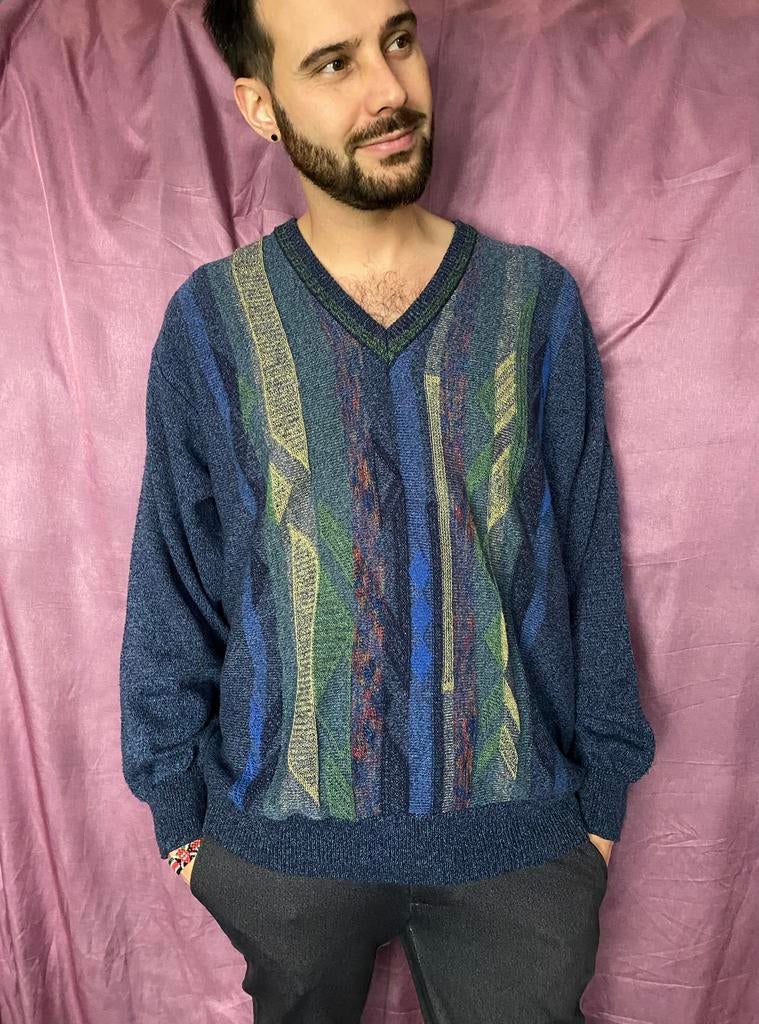 Vintage trui / coogi style / v-hals / meerkleurig / L large, Maat 52/54 (L), Hgv, Blauw, Hgv
