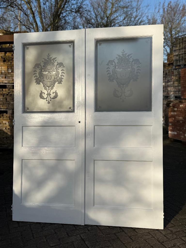 Set antieke openslaande deuren met geëtst glas 209x162cm., Ophalen