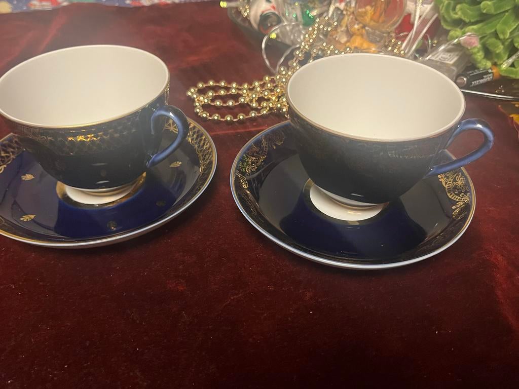 Lomonosov Imperial Porselein Kop en Schotel Cobalt Blauw/Gou, Ophalen of Verzenden