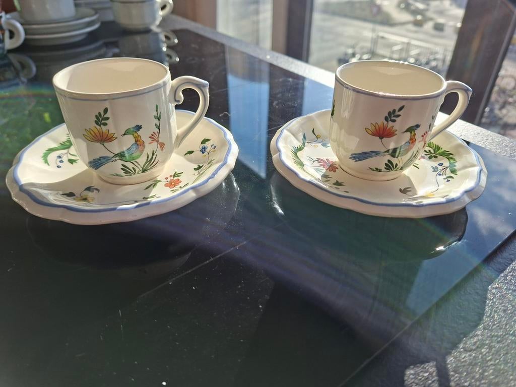 Gien Oiseaux de Paradis 2x kop en schotel set, Huis en Inrichting, Keuken | Servies, Gebruikt, Ophalen of Verzenden, Overige stijlen