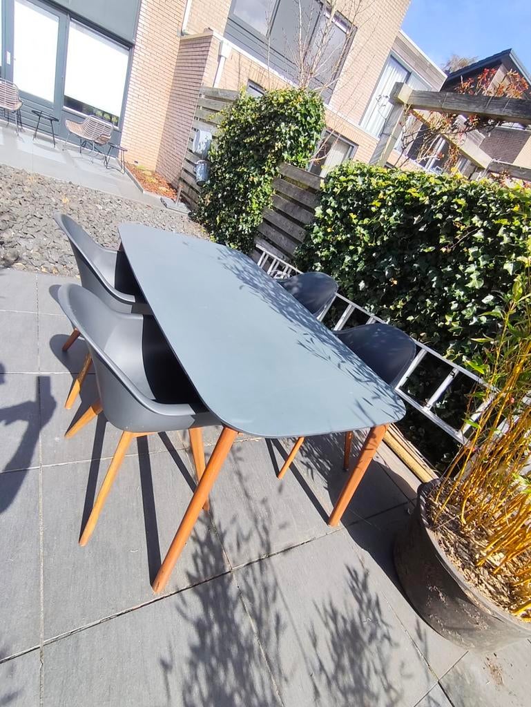 Buitentafel met 4 kuipstoelen (kunststof/hout), Ophalen