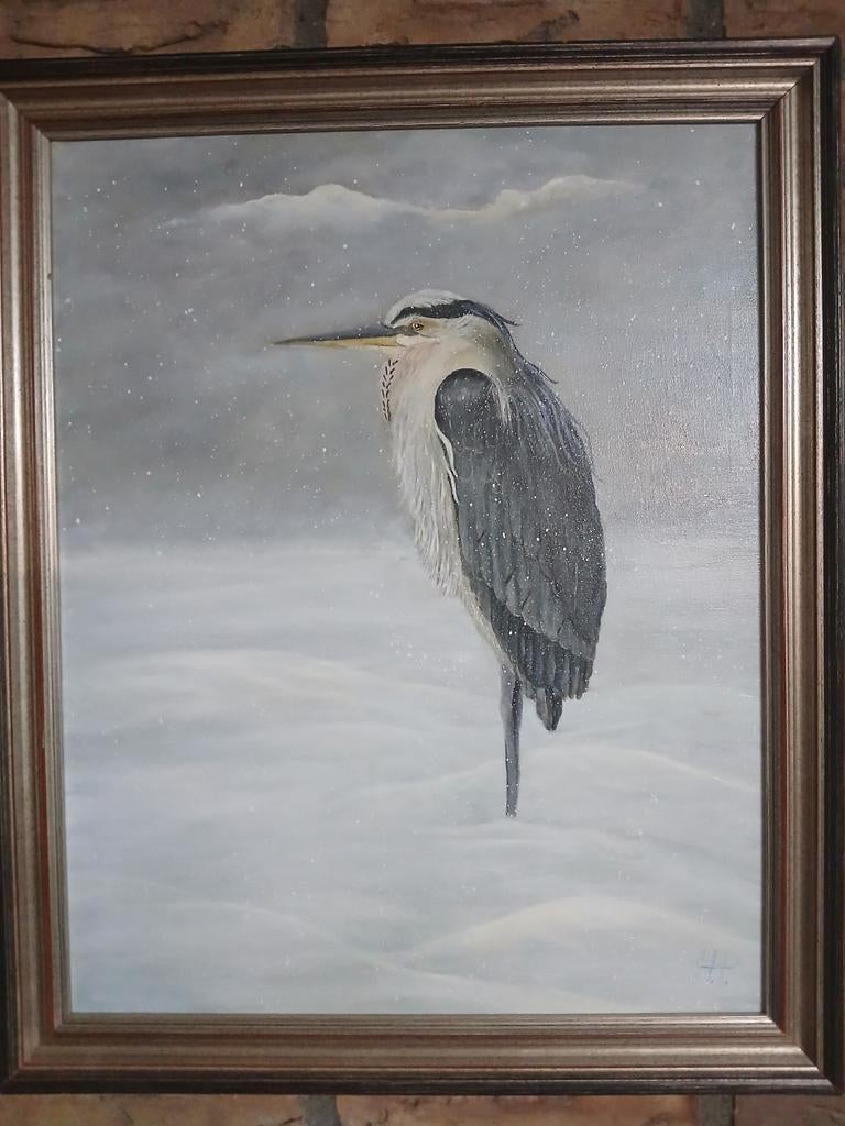 Olieverf Schilderij op Doek: Reiger in de Sneeuw, Antiek en Kunst, Ophalen of Verzenden