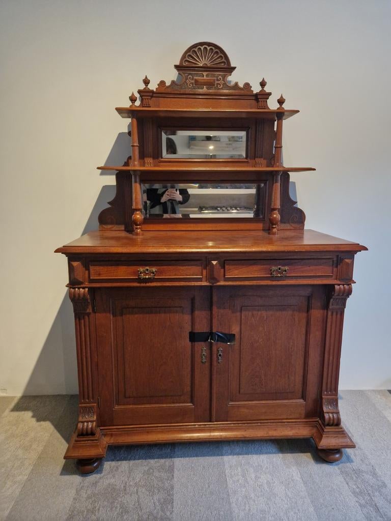 Antiek eiken dressoir met spiegelopbouw, Ophalen of Verzenden