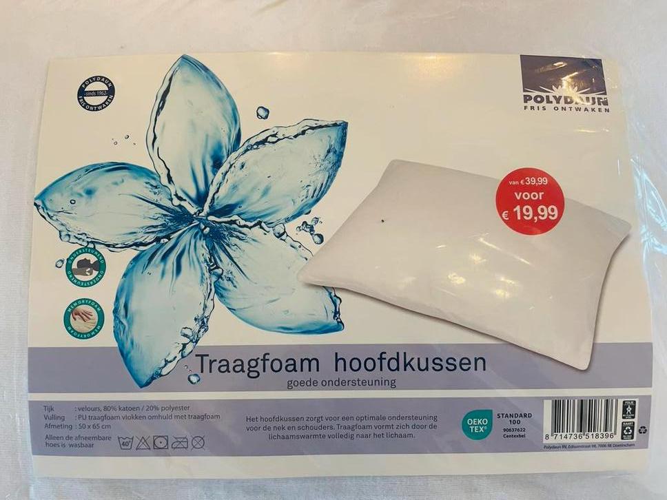 NIEUW Traagfoam hoofdkussen Polydaun, Eenpersoons, Wit, Ophalen of Verzenden, Zo goed als nieuw