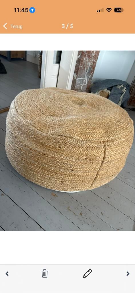 Jute baggy poef Loods 5, Ophalen, Overige materialen, Rond, Zo goed als nieuw