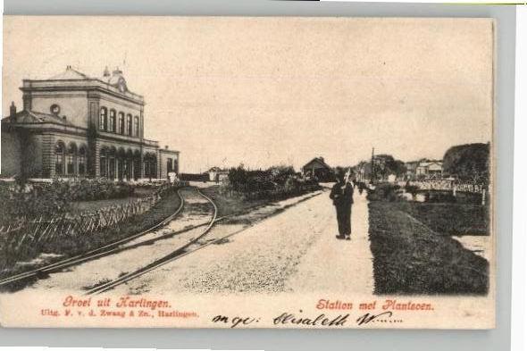 Harlingen Station met sporen en Plantsoen st 1904, Verzenden, Voor 1920, Gelopen, Friesland