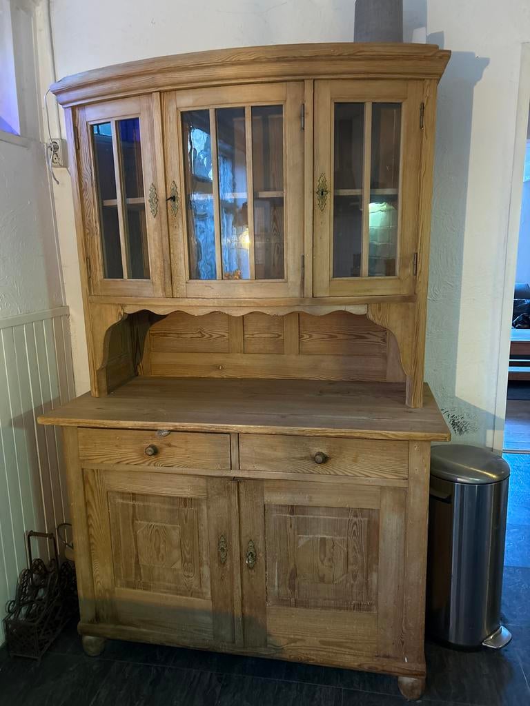 Antieke houten servieskast met glazen deuren, Huis en Inrichting, Ophalen, Gebruikt, 100 tot 150 cm, Met lade(s)