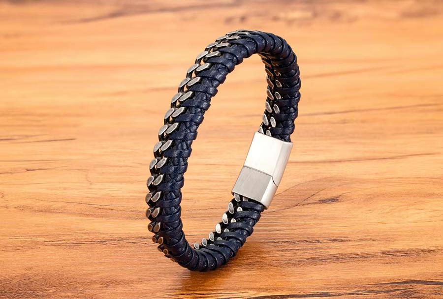 Blauwe Half Leer Half Stalen Heren Armband, Verzenden, Nieuw, Blauw, Leer