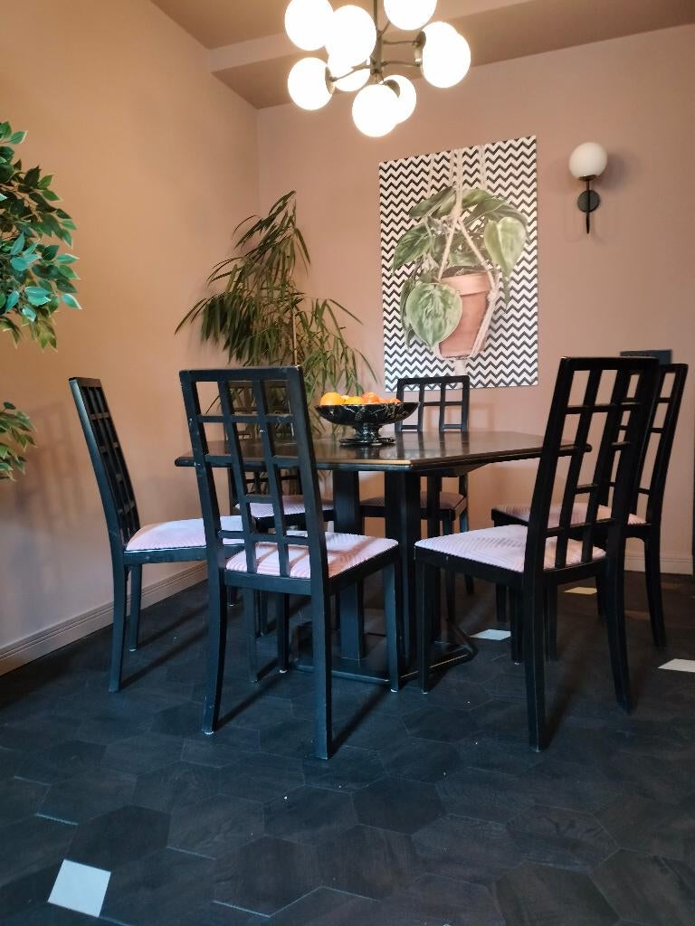 6 Thonet postmoderne stoelen en zeskantige tafel, Huis en Inrichting, Tafels | Eettafels, Ophalen, Gebruikt, Post modern, Eikenhout