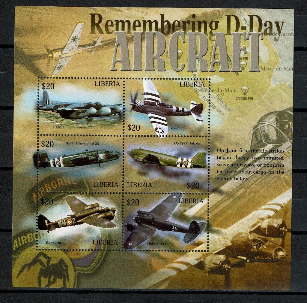 liberia 2004 pf  blok militaire luchtvaart vliegtuigen D Day, Postzegels en Munten, Ophalen of Verzenden, Postfris, Vliegtuigen
