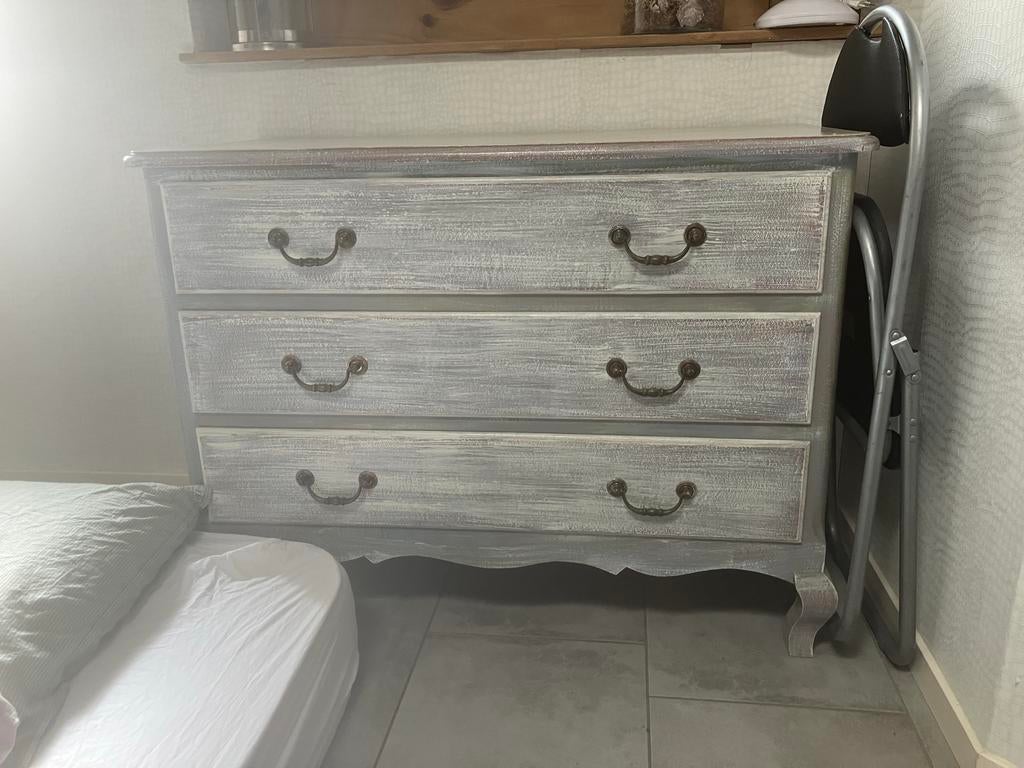 Vintage Ladekast met 3 Laden - Grijs/Wit Patina, Ophalen, Gebruikt, 100 tot 150 cm, 3 of 4 laden