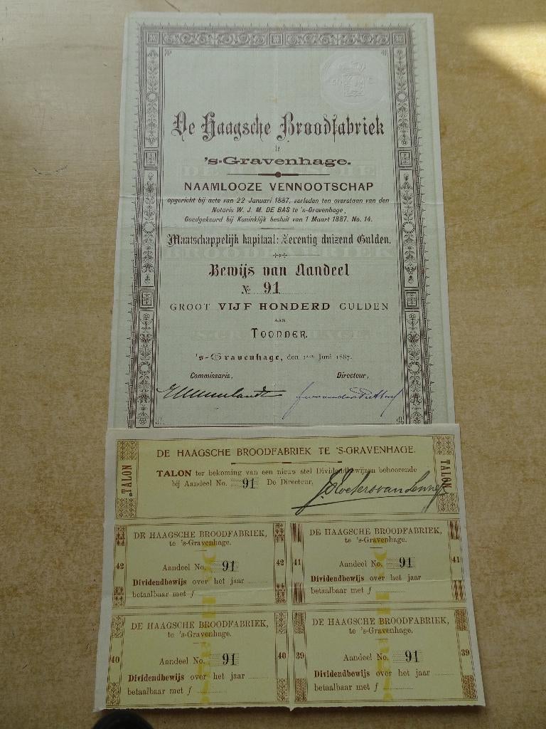 Aandeel 500 gulden "De Haagsche Broodfabriek"   1887, Postzegels en Munten, Aandelen en Waardepapieren, Ophalen of Verzenden, Voor 1920