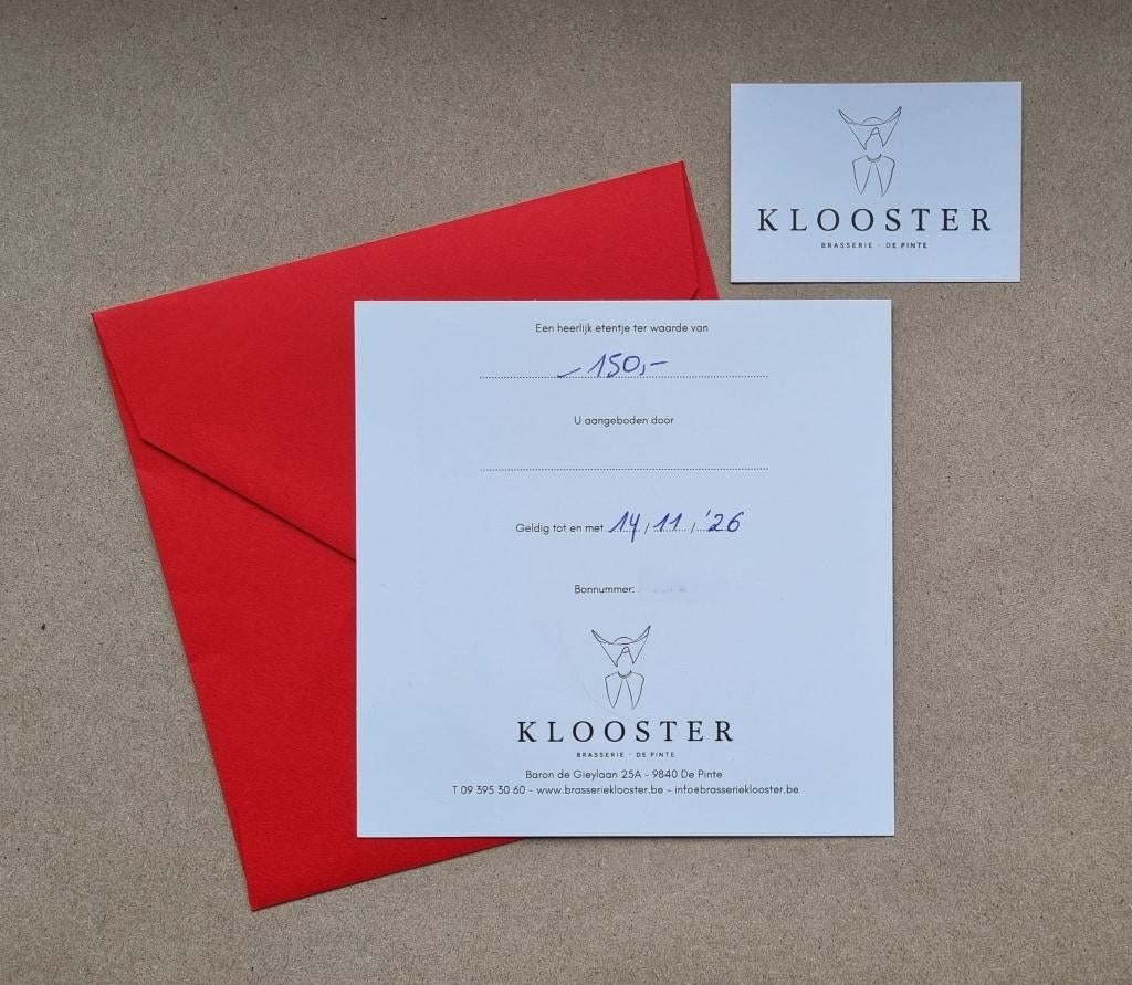 Cadeaubon brasserie Klooster in De Pinte t.w.v. 150 euro, Drie personen of meer, Cadeaubon
