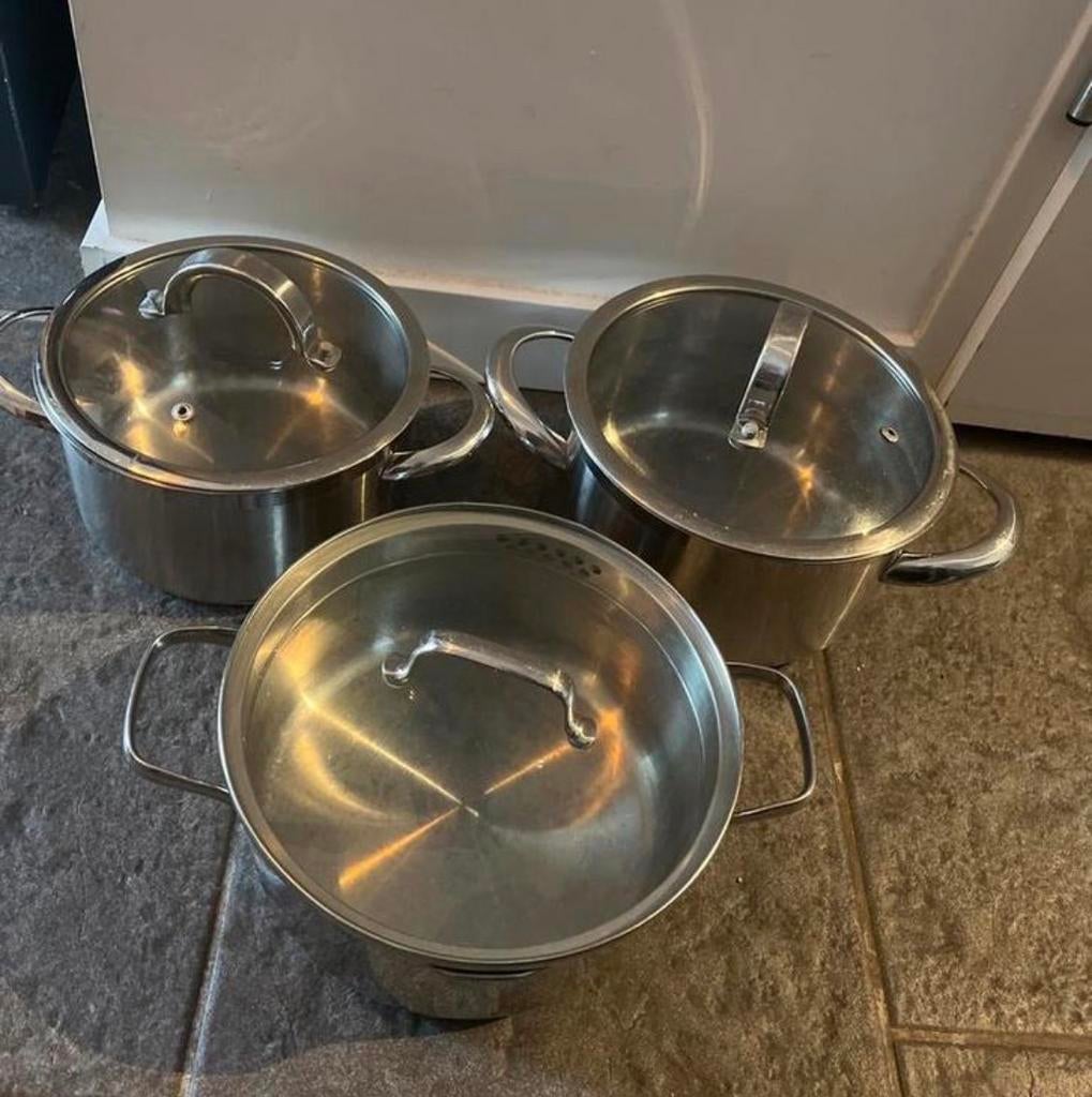 Pannenset: 3 pannen, waarvan 1 Masterchef, gebruikt op gas, Ophalen, Gebruikt, Rvs, Pannenset