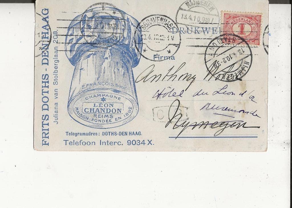 Den Haag Juliana v Stolberglaan 208 Champagne 12 april 1910, Ophalen of Verzenden, Voor 1920, Gelopen, Zuid-Holland