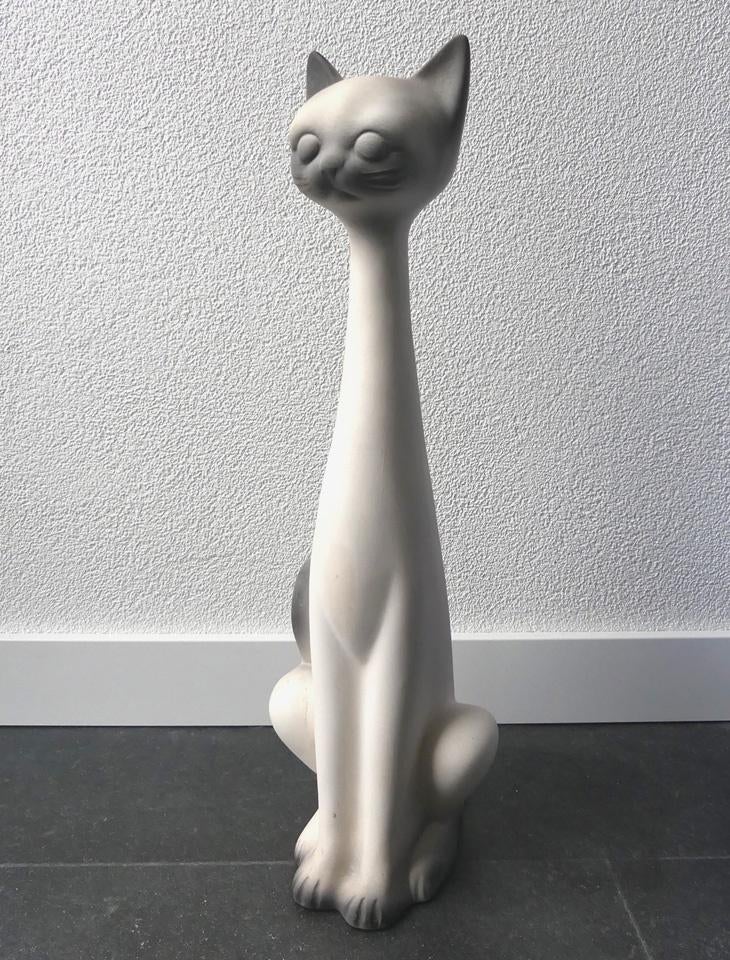 Langnek kat poes XL keramiek vintage kattenbeeld wit grijs, Ophalen, Gebruikt, Dier