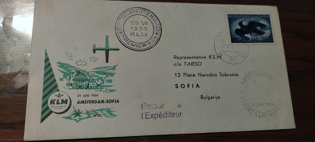 Speciale envelop 1e lijnvlucht KLM Amsterdam Sofia, Ophalen, Envelop