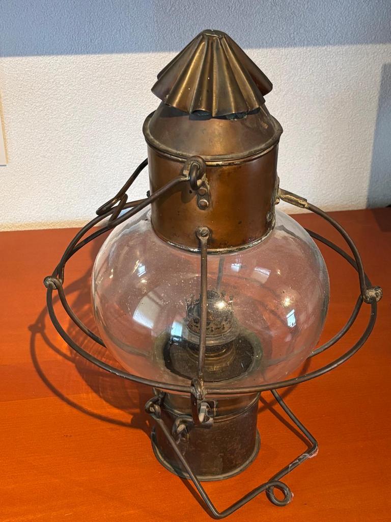 Antiek koperen windlicht / stormlantaarn met glas, Ophalen