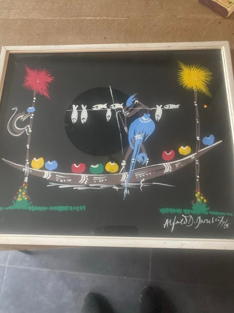 Vintage Afrikaans Schilderij - Boot met Visser, Antiek en Kunst, Kunst | Schilderijen | Klassiek, Ophalen of Verzenden