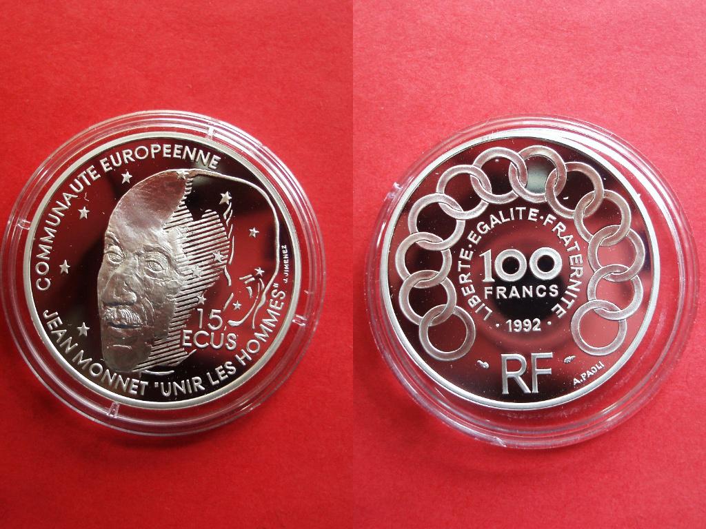 France, 100 francs - 15 ecu, 1992 Jean Monet, Verzenden, Frankrijk, Zilver