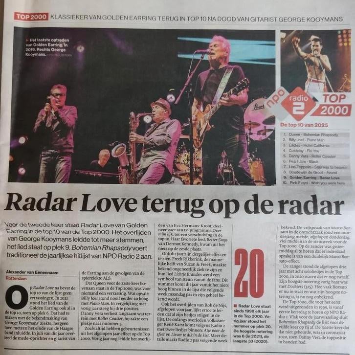 Top 2000 Golden Earring terug in top 10 na dood gitarist, Ophalen of Verzenden, 1980 tot heden, Nederland, Knipsel(s)