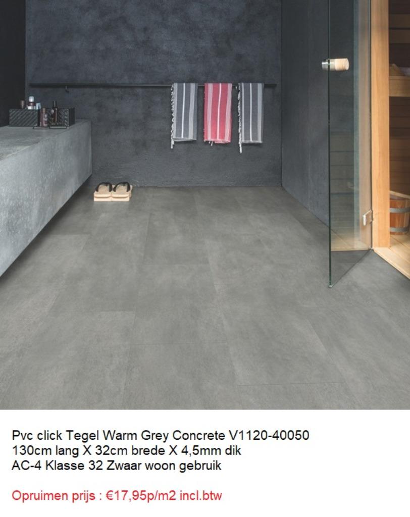Pvc click Tegel Warm Grey Beton 130cm X 32cm €17,95p/m2, 75 m² of meer, Nieuw, Ophalen of Verzenden, Grijs