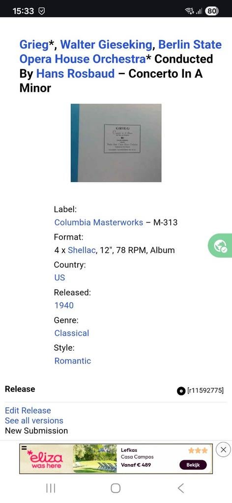 Walter Gieseking Grieg Concerto in A minor 4 LP's 78 toeren, Ophalen of Verzenden