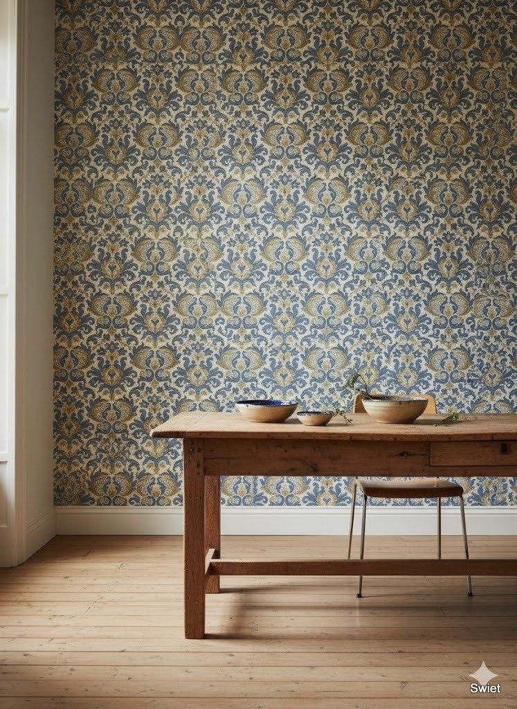 14208 blauw barok behang met goudaccenten vintage swiet, Verzenden, 75 m² of meer, Beige