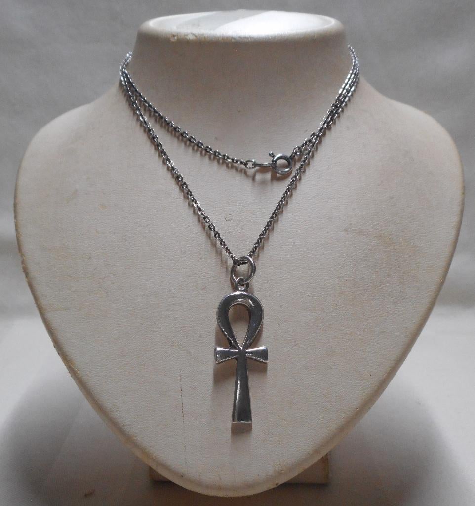 Zilveren vintage ketting met Ankh kruis hanger nr.1117, Sieraden, Tassen en Uiterlijk, Kettingen, Zo goed als nieuw, Zilver, Zilver