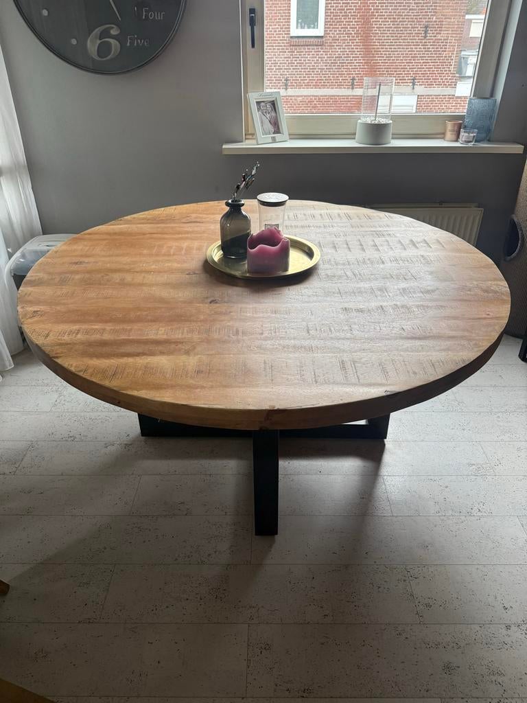 Industriële ronde eettafel - Stoer en robuust, Huis en Inrichting, Tafels | Eettafels, Ophalen, Gebruikt, 100 tot 150 cm, Rond