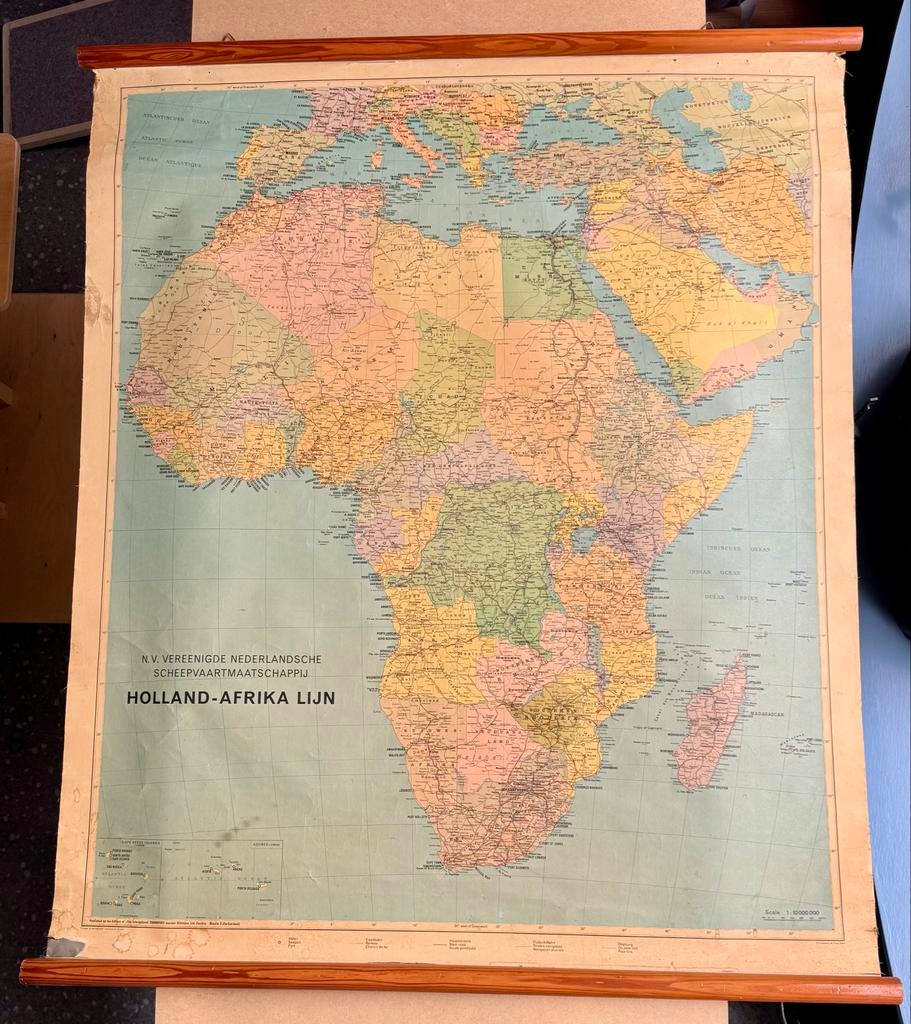 Vintage Afrika Schoolwandkaart Holland-Afrika Lijn 1950-1960, Antiek en Kunst, Antiek | Schoolplaten, Ophalen of Verzenden, Aardrijkskunde