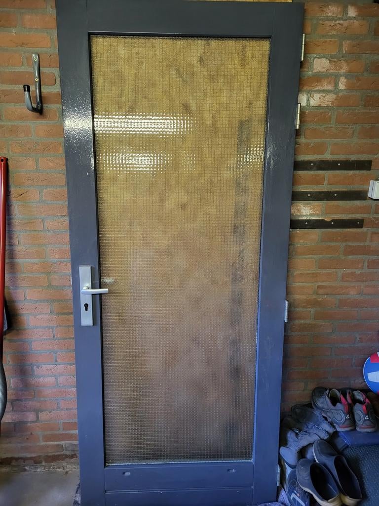 Hardhouten buitendeur met draadglas en 3-punts sluiting, Doe-het-zelf en Verbouw, Ophalen, 80 tot 100 cm, 200 tot 215 cm, Hout