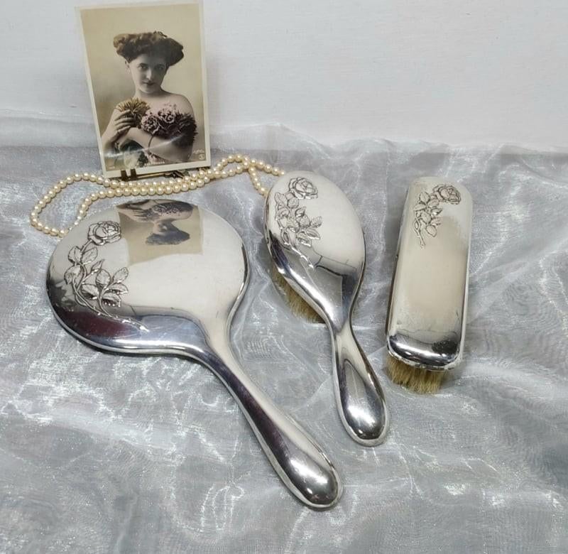 Verzilverde vintage spiegel en borstels van Gero, Antiek en Kunst, Ophalen of Verzenden